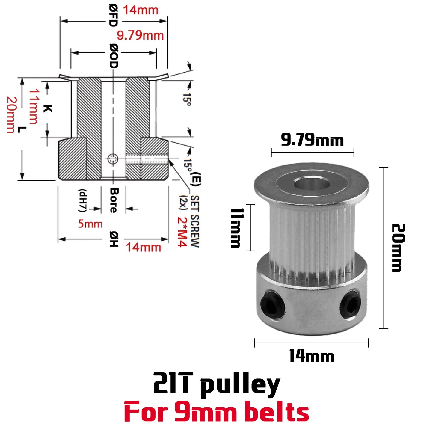 1.5GT 21 / 26 Teeth Pulley For 6mm 9mm Timing Belt For 3D Printers