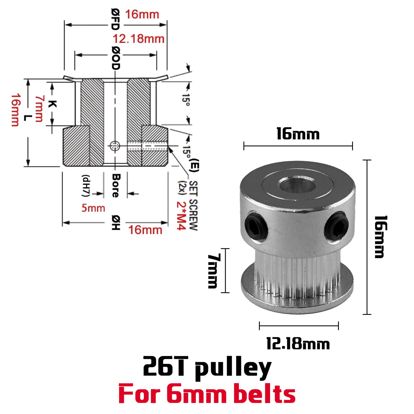 1.5GT 21 / 26 Teeth Pulley For 6mm 9mm Timing Belt For 3D Printers