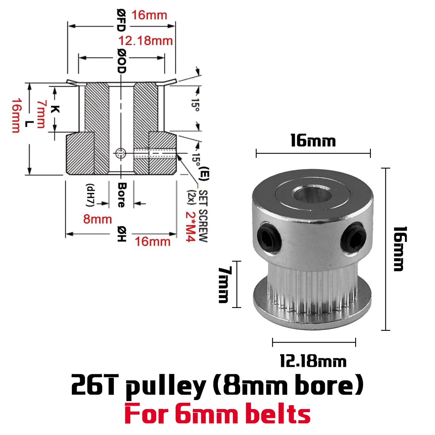 1.5GT 21 / 26 Teeth Pulley For 6mm 9mm Timing Belt For 3D Printers