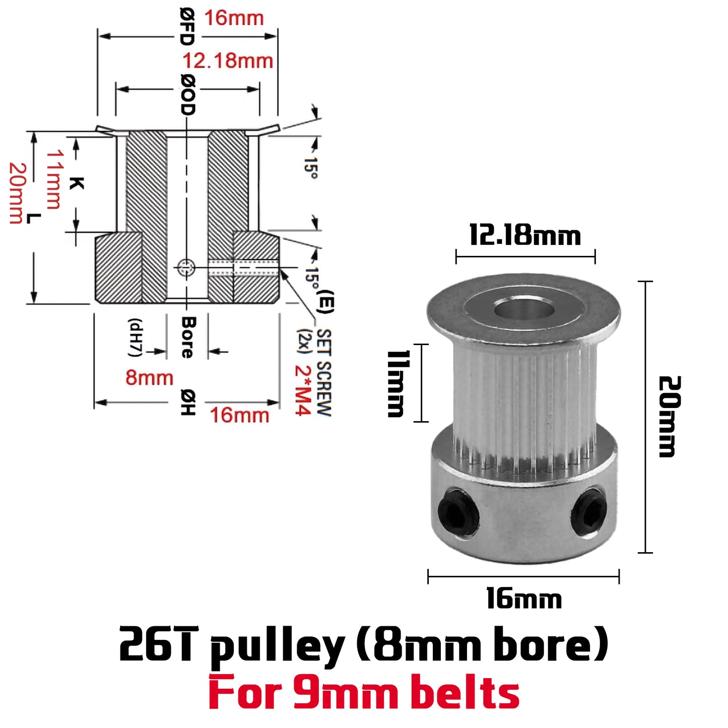 1.5GT 21 / 26 Teeth Pulley For 6mm 9mm Timing Belt For 3D Printers